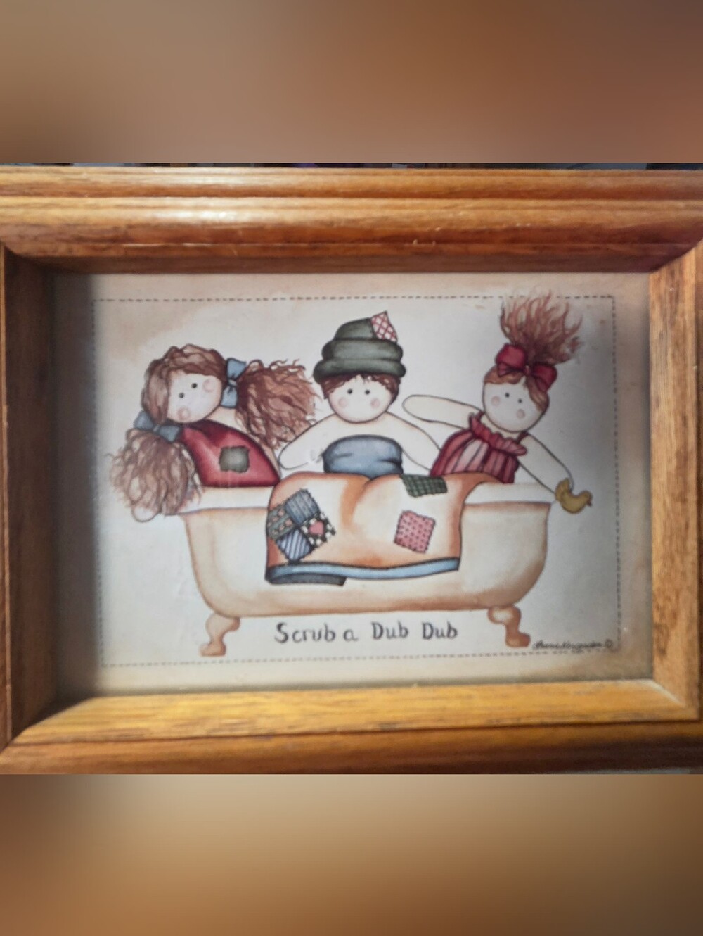 Vintage Laurie Korsgaden Scrub a Dub Dub Folk Art Solid Wood Framed Print